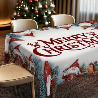 1 件红色图案“圣诞快乐”圣诞主题桌布，带有侏儒元素，涤纶数码印花，家居装饰桌面配件，适合家庭聚会、圣诞派对、餐厅、咖啡馆、室内和室外使用