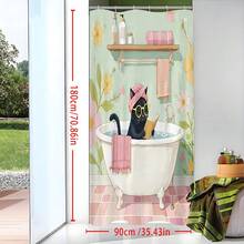 1pc Retro Cat-Patterned Shower Curtain, Perfect For Reading In The Shower. Made Of Retro Floral Polyester, It's Waterproof, Mildew-Resistant, And Machine Washable. Colors May Vary Slightly Depending On Lighting Conditions. Includes 12 Hooks. - Multicolor - View 8