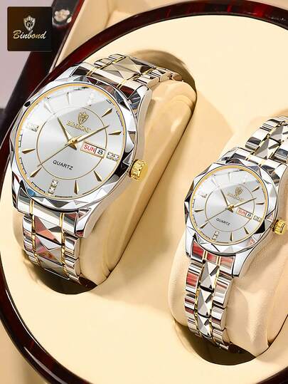  BINBOND 2PCS Couple Quartz Watch Roman Numeral Fashion Stainless Steel Waterproof Men Wristwatch Women Lovers Watches Valentine's Day Gift For Lovers