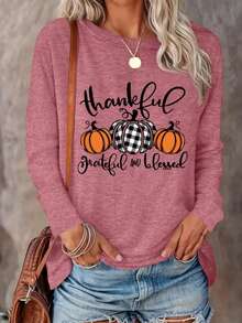 Thanksgiving Outfits Fun Pumpkin Graphic Tees,Fall Clothes For Women Comfortable Casual "Thankful" Creative Letter Print Crew Neck Long-Sleeved T-Shirts,Family Gathering Clothes Going Out Tops Women For Home Or Outdoor,Suitable For Thanksgiving, Halloween And Daily Leisure