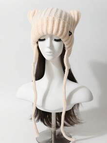 1 pieza Gorro de punto con orejas de gato de unicolor y lindo para mujer, gorro de invierno grueso y cálido para protección de orejas, diseño versátil y de moda, adecuado a nivel mundial