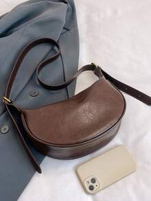 Túi da nữ, Túi đeo vai bằng da PU màu trơn, Dây đeo có thể điều chỉnh để đi làm hàng ngày - Cà phê nâu - Xem 3