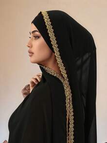 1pc Solid Color Faux Pearl & Gold Floral Chiffon Scarf, Casual Elegant Breathable Hijab, Suitable For Outdoor, Beach, Daily Wear For Dress,Holiday - Golden Double-sided Flower Chiffon Scarf - View 7