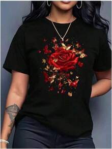 100% Cotton Crew Neck Short Sleeve Floral Print Regular Length All Season Casual T-Shirt - Black - View 1