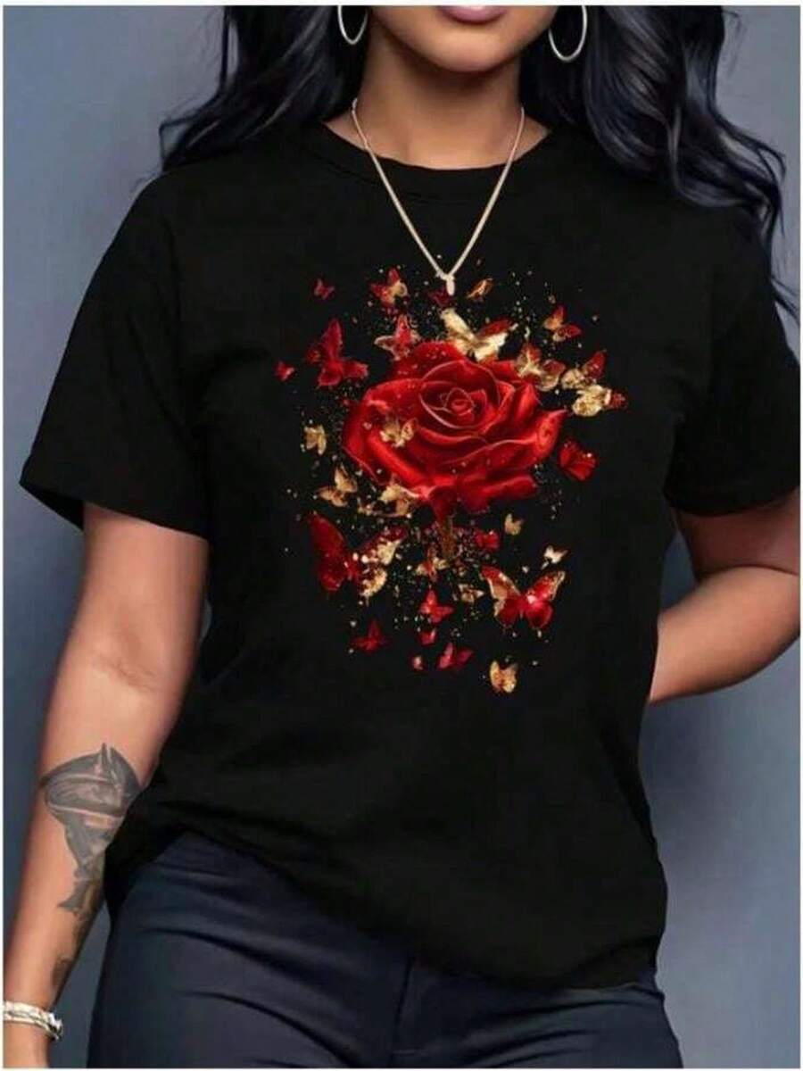 100% Cotton Crew Neck Short Sleeve Floral Print Regular Length All Season Casual T-Shirt - Black - View 1