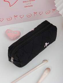 Bolsa de cosméticos con patrón de lazo bordado en rosa, bolsa de almacenamiento de cosméticos acolchada de espuma, bolsas de maquillaje de viaje lindas, bolsa de almacenamiento de artículos multifunción, bolsa de gran capacidad - Negro - Ver 19