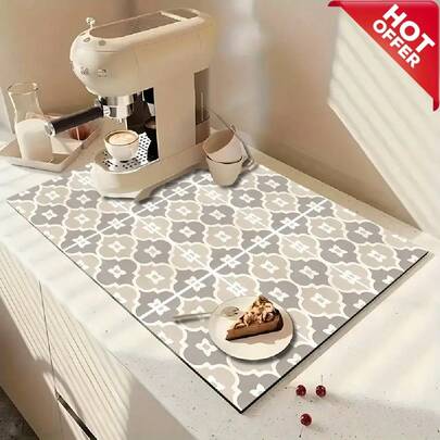 Ein weißer bedruckter Abtropfmatte mit personalisierten Musterdesigns. Die neue saugfähige Küchen-Abtropfmatte hat eine farbbeständige Oberfläche mit einem weichen und angenehmen Griff. Sie ist maschinenwaschbar für einfache Reinigung, leicht und tragbar. Diese weiche Diatomeenerde rutschfeste Schnelltrocknende Matte ist für Küchenarbeitsplatten geeignet.