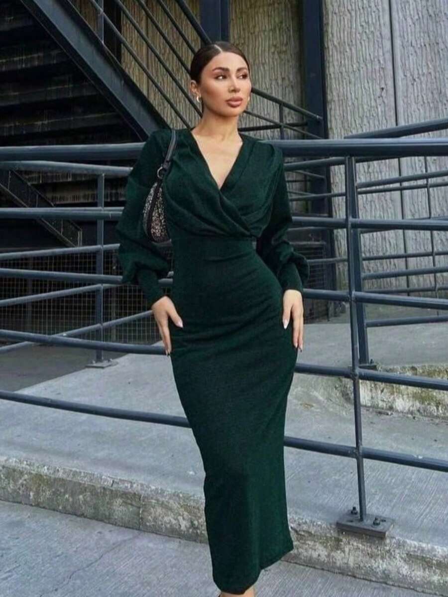 Flowers Stretch Fabric Double-Breasted Midi Evening Dress - Green - View 1