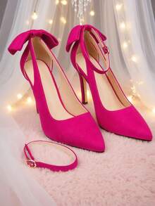 Ziheels Fall Shoes For Women Elegant Closed Toe Heels Cut Out Stiletto Heels Bow Knot Pumps Ankle Strap Dress Shoes For Evening Prom - 玫紅色 - 查看 5