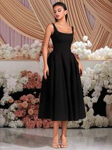 Váy dự tiệc midi cổ vuông ren cạp cao màu đen thanh lịch cho buổi dạ hội, tiệc sinh nhật, hẹn hò buổi tối, tiệc về quê, tiệc cưới, tiệc cocktail cho khách, lễ hội gia đình - màu đen - Xem 6