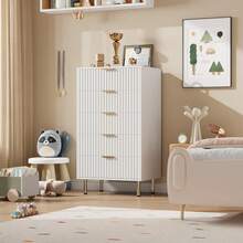 5 Drawer Dresser For Bedroom, 48" Tall Modern Chest Of Drawers With Deep Drawers And Wide Top, Fluted Wooden Dresser Organizer For Living Room, Hallway, Kids Room - trắng - Xem 4