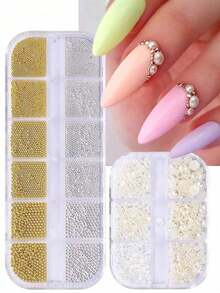 2件套3D美甲仿珍珠钢珠装饰套装，金色、银色、白色，半圆形平底仿珍珠美甲饰品，金属珠子，奢华美甲装饰配件，沙龙美甲用品 - 彩色 - 查看 2