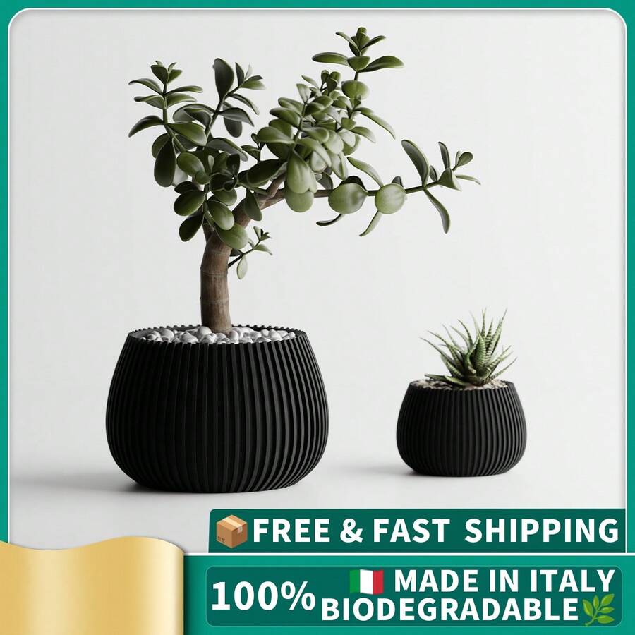 ORIZZONTE Modern Decorative Vase With Vertical Stripe Texture – Minimalist Round And Low Design For Plants, Cactus, Bonsai – Home/Office Gift Idea – Available In 2 Sizes – 100% Made In Italy, Shipping From Italy