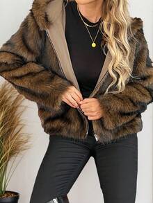 Damen Lässig Reißverschluss Kapuzenjacke mit Kunstfell, Streetstyle für den Alltag, Herbst/Winter