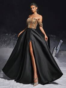 VIPGIRL Váy dạ hội trễ vai họa tiết da rắn có thân áo đính đá và xẻ tà cao, dự tiệc sang trọng, váy dạ hội cho nữ, váy dạ hội trang trọng - màu đen - Xem 8