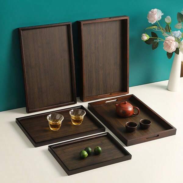 1 pieza Bandeja de madera negra para alimentos, pasteles, ensaladas, frutas, sushi, bebidas, bistec, pizza, con textura de grano y acabado mate, para servir en cafés, hogar, postres, té, pan, aperitivos y tazas