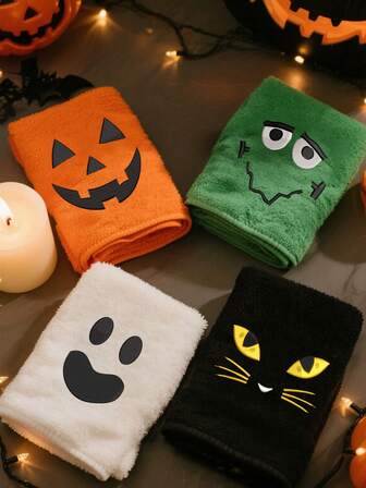 1pc, 35x75cm Black Halloween Day Of The Dead Microfiber Hand Towel Bath Towel Embroidery Cat Pumpkin Ghost Face Pattern Soft Highly Absorbent Decorative Towel, Perfect For Halloween Bathroom Kitchen Decor Gift Shower Towels For Beaty Salon, Hotel Sports,Home Essentials, Towel, Skin Care