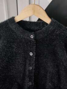 Girls & Teens Elegant Solid Color Cardigan Sweater, Short Style Suitable For Casual, Holiday, Spring, Autumn, Winter