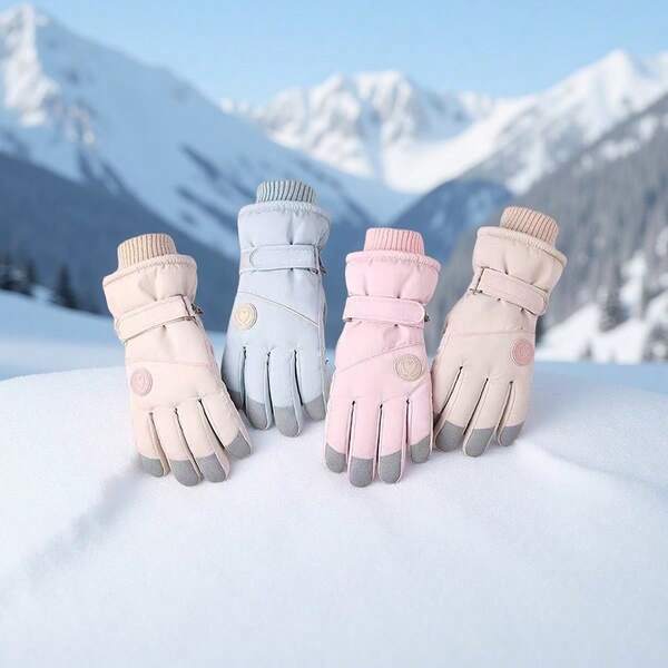 1 Pair Women's Professional Ski Gloves - Thick Fleece Windproof Cold-Proof Outdoor Skiing Warm Gloves, Bicycle Riding Anti-Cold Gloves, Non-Slip Palm, Touchscreen Compatible