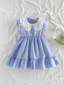 Đầm xếp ly không tay kẻ caro cổ bèo nhún cho bé gái, giản dị & dễ thương khi đi chơi, phù hợp cho mùa xuân & hè - Màu xanh lam - Xem 1