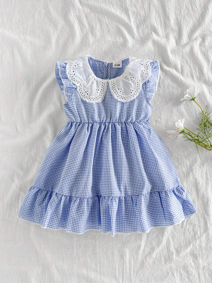 Đầm xếp ly không tay kẻ caro cổ bèo nhún cho bé gái, giản dị & dễ thương khi đi chơi, phù hợp cho mùa xuân & hè - Màu xanh lam - Xem 1