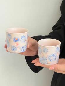 1pc Retro Minimalist Ceramic Coffee Cup & Saucer, Pink Matcha Cup, Coffee Latte Art Wooden Holder, Drinking Cup, Tea Cup, Coffee Cup