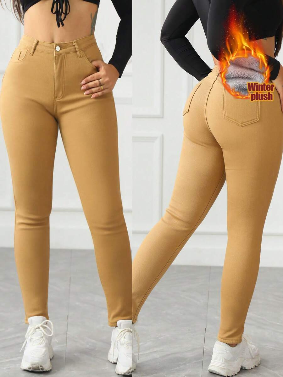 Women's Winter Pocket Warm, Simple, Casual, Elastic And Tight Jeans - Màu Khaki - Xem 1