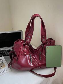 Large Capacity Waterproof Business Casual PU Handbag, Multi-Pocket Design With Compartment, Multifunctional Shoulder Crossbody Bag, Suitable For Young Girls, Female College Students, White-Collar And Career Starters, Perfect For Work, Business Commute, Shopping, Outdoor Travel And School - 酒紅色 - 查看 4