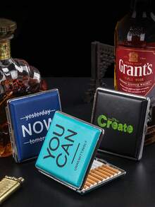 1pc Letter Printed Leather Cigarette Case, Holds 20 Cigarettes, Crush-Resistant, Portable, Moisture-Proof Alloy Leather Cigarette Box, Personalized Cigarette Holder For Men