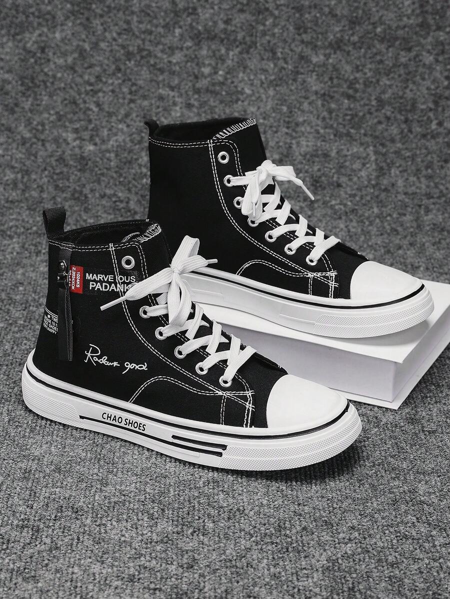 Men's Minimalist Fashion Flat Basic Black & Blue Triple Vulcanized High-Top Canvas Sneakers - Black - View 1