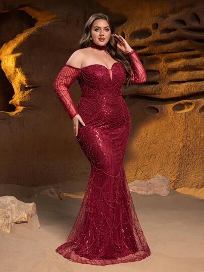 Faeriesty Haute Glamour Plus Luxury One-Shoulder Beaded Mermaid Evening Gown With Fish-Scale Sequin Accents – Sheer Long Sleeve & Fitted Silhouette For Luxury Galas & Formal Award Shows