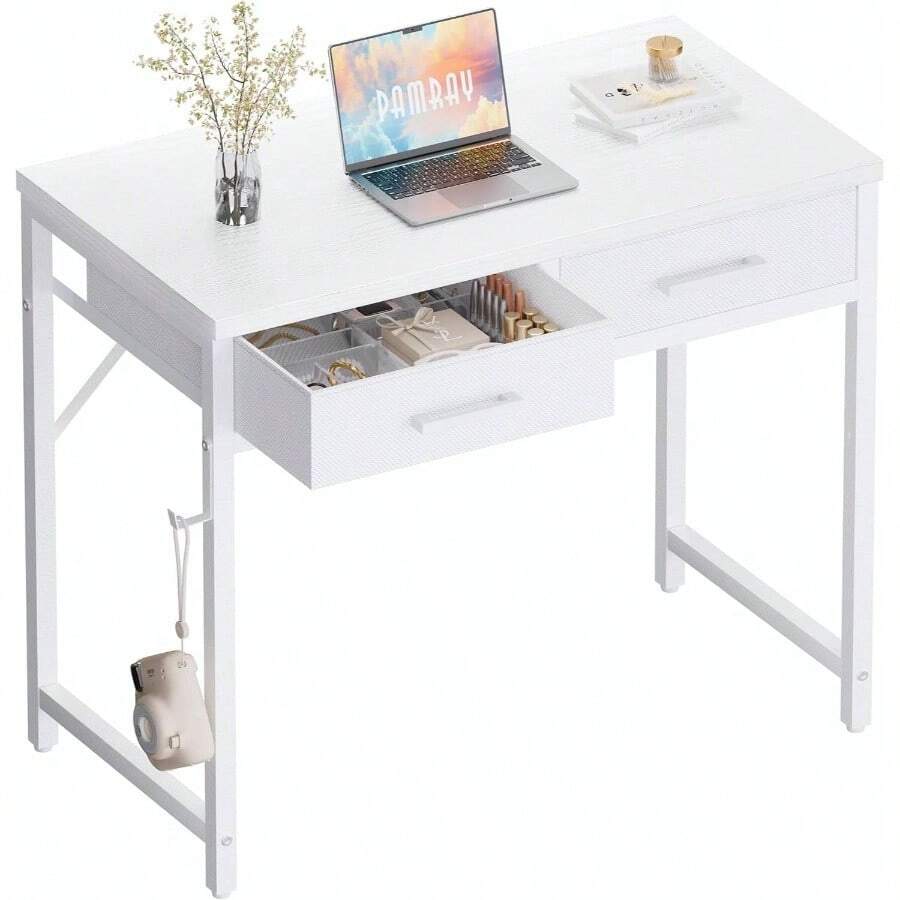 32 Inch Small Computer Desk With 2 Drawers Bedroom Study Writing Home Office Table Small Spaces Black - White - View 1