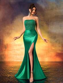 Beaded Strapless Formal Evening Dress Fine High Heeled Front Split Party Dress Elegant Evening Gown For Party,Wedding Guest,Celebration,Anniversary