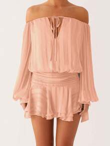 Vestido mini de tubo para mujer, moderno, sin espalda, sin tirantes, de manga larga, fruncido y con volantes - Rosa - Ver 4