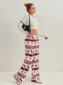 女士圣诞驯鹿和圣诞树印花喇叭法兰绒裤配同款蓬松围巾两件套，秋冬季，舒适保暖 - 米色 - 查看 6