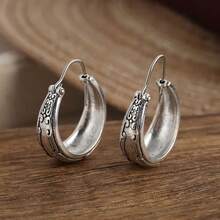 Retro Earrings Silver Color Round Earrings Bohemian Metal Carving Pattern Hoop Earrings For Women Jewelry Women's Earrings Jewelry Birthday Anniversary Gift For Lovers And Friends Valentine's Day Earrings Gift - 銀色 - 查看 5
