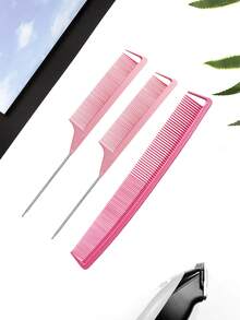 6pcs Pointed Tail Comb Set, 3pcs Long Steel Pin Comb, 3pcs Fine & Wide Tooth Comb, Metal Sectioning Comb, Suitable For Girls Salon Hairstylist (Pink) - Pink - View 4