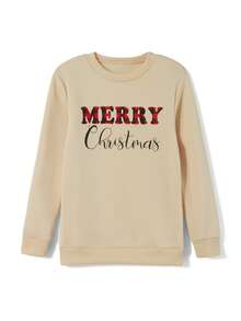 Mommy And Me Matching Christmas Sweatshirts Family Matching Xmas Outfits Long Sleeve Crewneck Let It Snow/Merry Christmas/Merry Bright Letter Print Sweatshirts Pullover Tops Winter Fall Clothes - 卡其色 - 查看 8