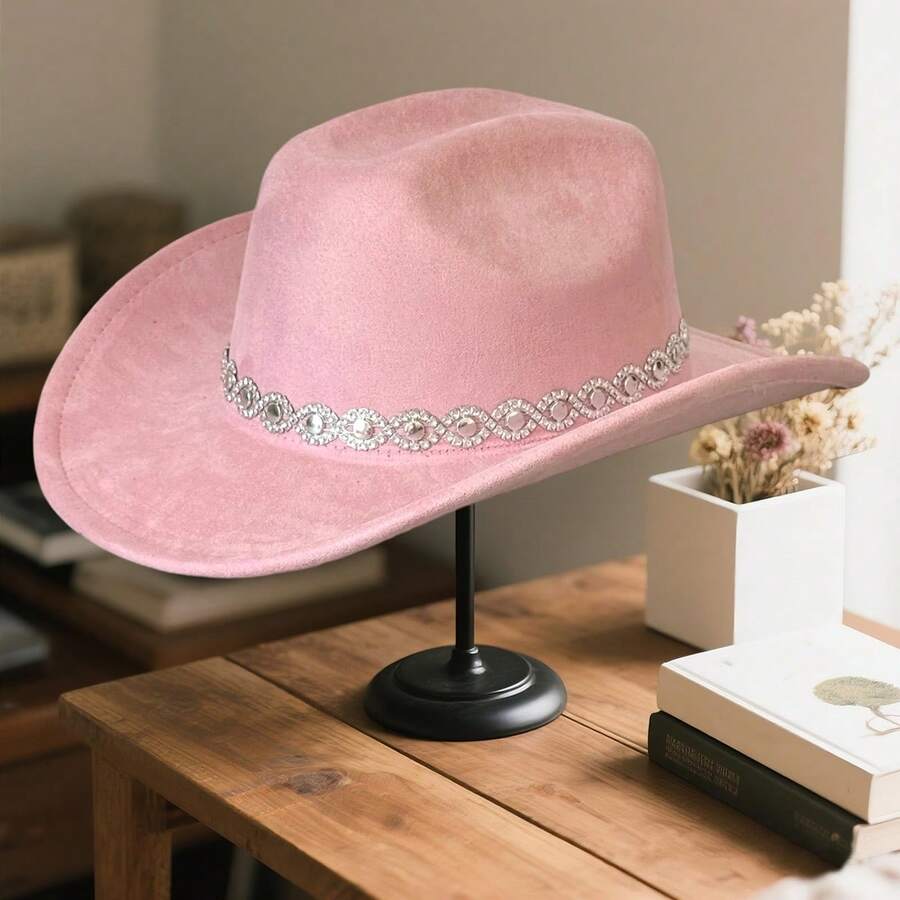Rhinestone Western Cowgirl Hats Fashionable Elegant Wide Brim Fedora Caps For Women And Men - 粉色 - 查看 1