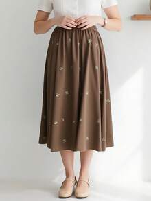 Embroidered A-Line Midi Skirt Women's Brown Stretchy Waist Comfort Fit Mid-Length Skirt With Botanical Green White Flowers Design For Autumn Daily Casual Vacation Outfit - 棕色 - 查看 5