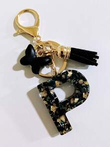 1 pieza Llavero de resina con forma de corazón con borla en color beige, accesorio creativo de estilo lindo como regalo para amigos, madre, padre, graduación y maestros - Negro - Ver 12