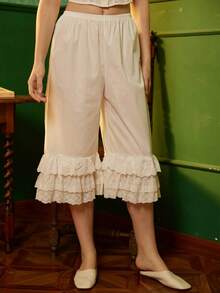Women Lace Trim Pettipants Ruffle Pumpkin Pants Bloomers Vintage Long Pantaloons Wide Leg Lounge Capris Slip Pants - trắng - Xem 2