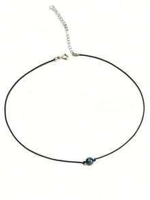 1pc Minimalist Nature-Inspired Black Cord & Silver Chain Single Blue Stone Necklace, Suitable For Daily/Casual Wear