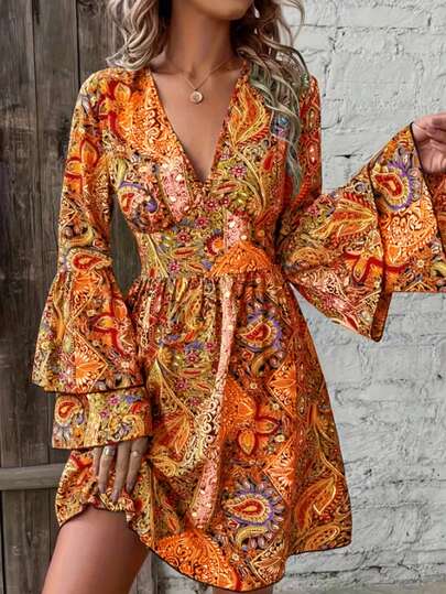 V-Neck Printed A-Line Long Sleeve Dress
