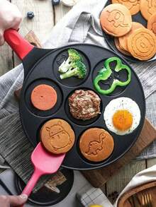 1 Stück 7-Loch Tier-förmige Ei-Knödel Pfanne, antihaftbeschichteter flacher Boden Cartoon Frühstücks-Eierpfanne mit 1 Stück Form, Familien-Essens-Zubehör, Party-Zubehör