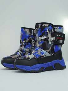 1 Pair Boys' Camouflage & Letter Print Snow Boots, Thick & Warm Outdoor Ski Shoes For Teenagers, 1 Pair Women's FashiThick Thermal Linede Lined Waterproof Snow Boots For Winter