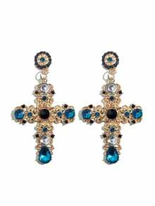 1 Đôi bông tai thánh giá pha lê nhiều màu phóng đại thời trang - Màu xanh lam - Xem 3