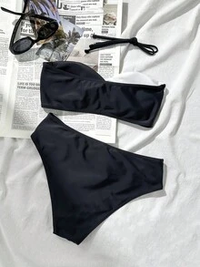 1 Set Women 2-Piece Bikini Swimwear, Black & White Contrast Bandeau Detachable Strap, Two-Way Wear, Fashionable Sexy Swimsuit - Black and White - View 4