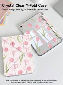 粉色蝴蝶结郁金香双面亚克力水晶保护壳，兼容 iPad 10 代、iPad 10.2/iPad mini 6/iPad mini 7/9.7、Galaxy Tab A9 Plus、3+Y 折叠平板电脑，防弯折，硅胶加固边角，自动唤醒/睡眠，内置笔槽，多角度支架 - 完美日常保护，理想的节日礼物 - 彩色 - 查看 4