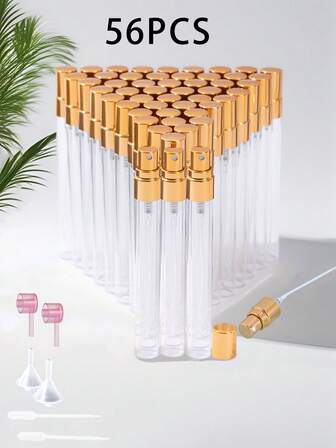 56 piezas Botellas de perfume de vidrio portátiles, 10ml/5ml/2ml/3ml Botellas de fragancia recargables de viaje en miniatura, Botella de spray de aluminio con boquilla de niebla fina, Botella de spray completa en dorado y plateado, Incluye 6 herramientas de dispensación, Sin PVC, Inodoro, Esencial para viajar